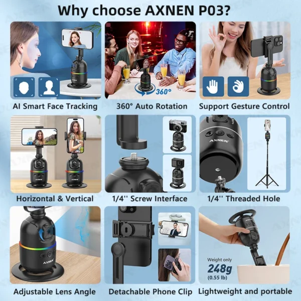 Smart Auto Face Tracking Desktop AI Gimbal for Smartphone & Action Camera 360 Rotation Follow Focus Vlog Kit, Option with Tripod - Image 6